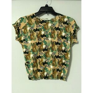Pepaloves‎ Womens Leopard Jungle Print Short Sleeve Knit Top Tan Green XS
